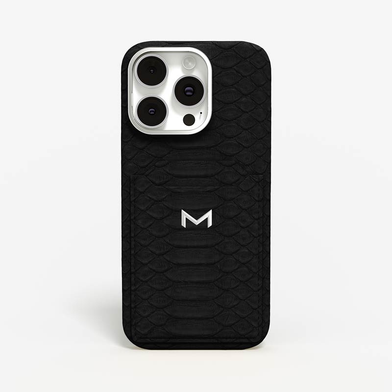 Luxury Cardholder Case for iPhone 16 Pro in Python color Black Jewelry Silver front view