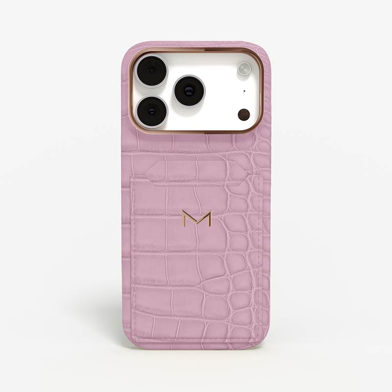 Luxury Cardholder Case for iPhone 18 Pro Max in Alligator color Pastel Lavender Jewelry Rose Gold front view