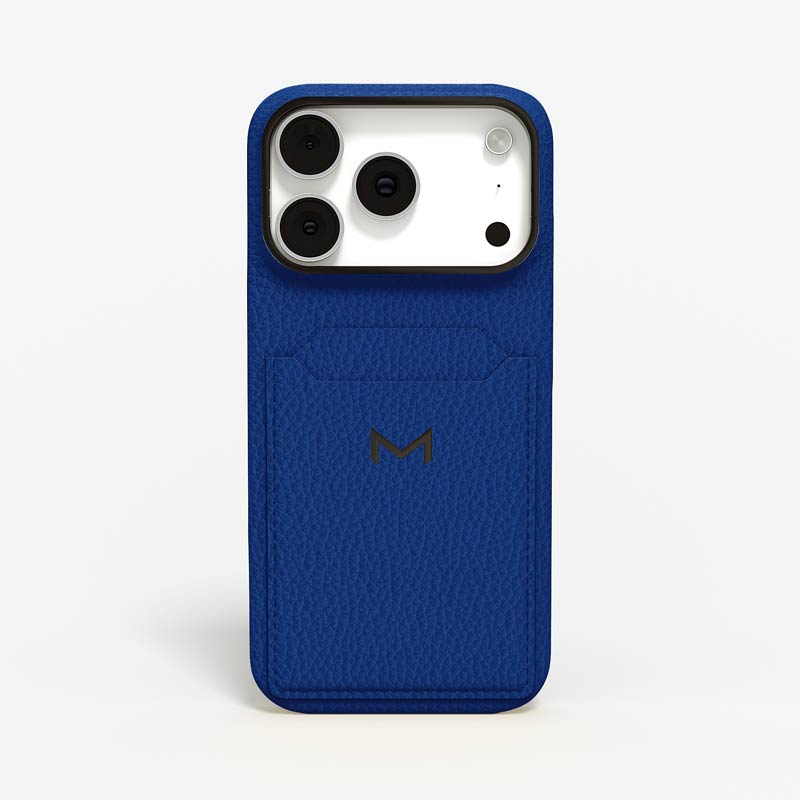 Luxury Cardholder Case for iPhone 18 Pro Max in Calf color Electric Blue Jewelry IP Black front view