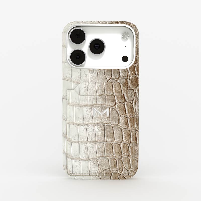 Luxury Cardholder Case for iPhone 18 Pro Max in Crocodile Himalaya color Beige Jewelry Silver front view