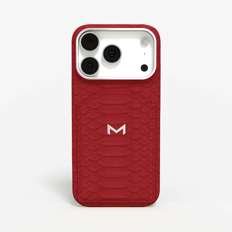 Luxury Cardholder Case for iPhone 18 Pro Max in Python color Red Jewelry Silver front view