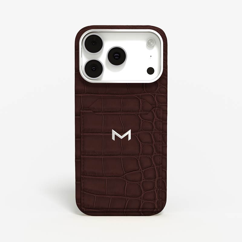 Luxury Cardholder Case for iPhone 18 Pro in Alligator color Brown Jewelry Silver front view