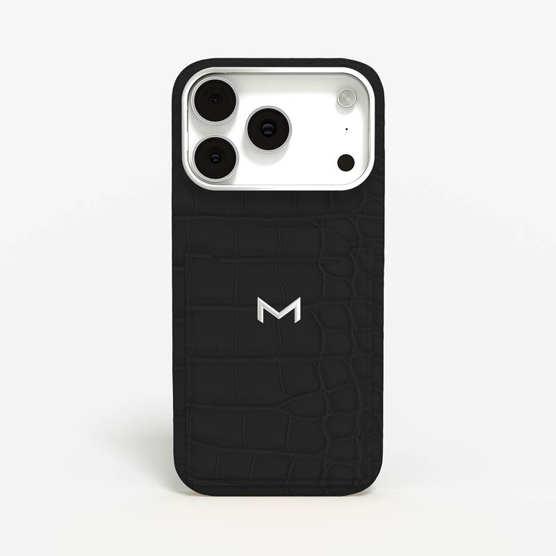 Luxury Cardholder Case for iPhone 18 Pro in Alligator color Matte Black Jewelry Silver front view