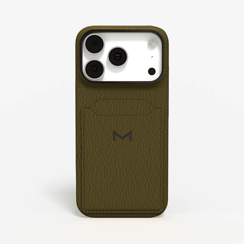 Luxury Cardholder Case for iPhone 18 Pro in Calf color Khaki Jewelry IP Black front view