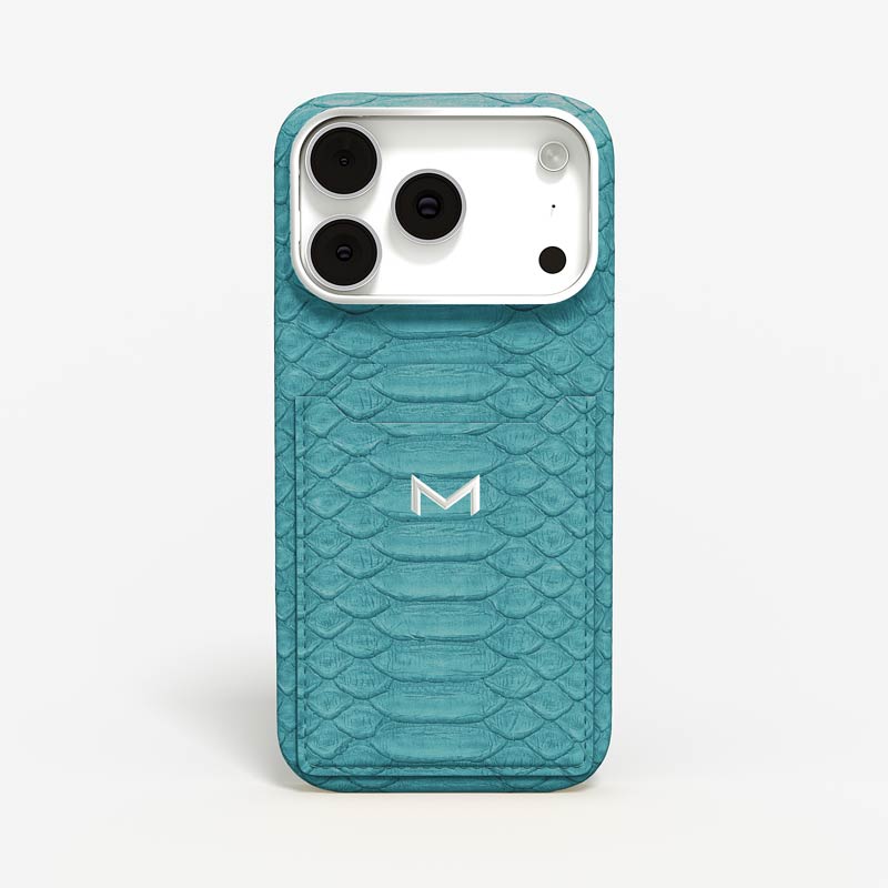 Luxury Cardholder Case for iPhone 18 Pro in Python color Turquoise Blue Jewelry Silver front view