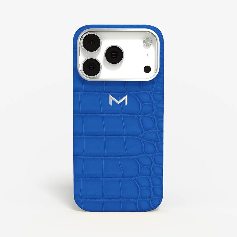 Luxury Classic Case for iPhone 18 Pro Max in Alligator color Electric Blue Jewelry Silver front view