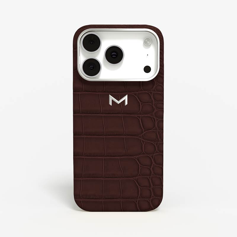 Luxury Classic Case for iPhone 18 Pro in Alligator color Brown Jewelry Silver front view
