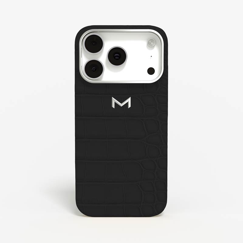 Luxury Classic Case for iPhone 18 Pro in Alligator color Matte Black Jewelry Silver front view