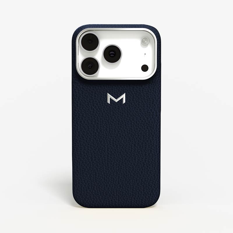 Luxury Classic Case for iPhone 18 Pro in Calf color Navy Blue Jewelry Silver front view