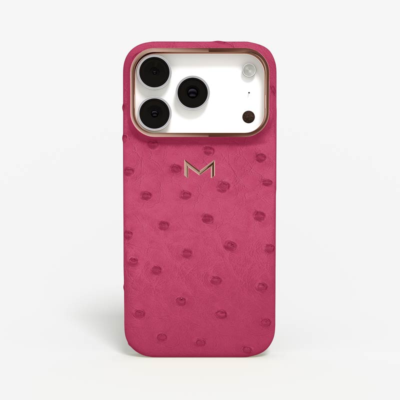 Luxury Classic Case for iPhone 18 Pro in Ostrich color Fuschia Jewelry Rose Gold front view