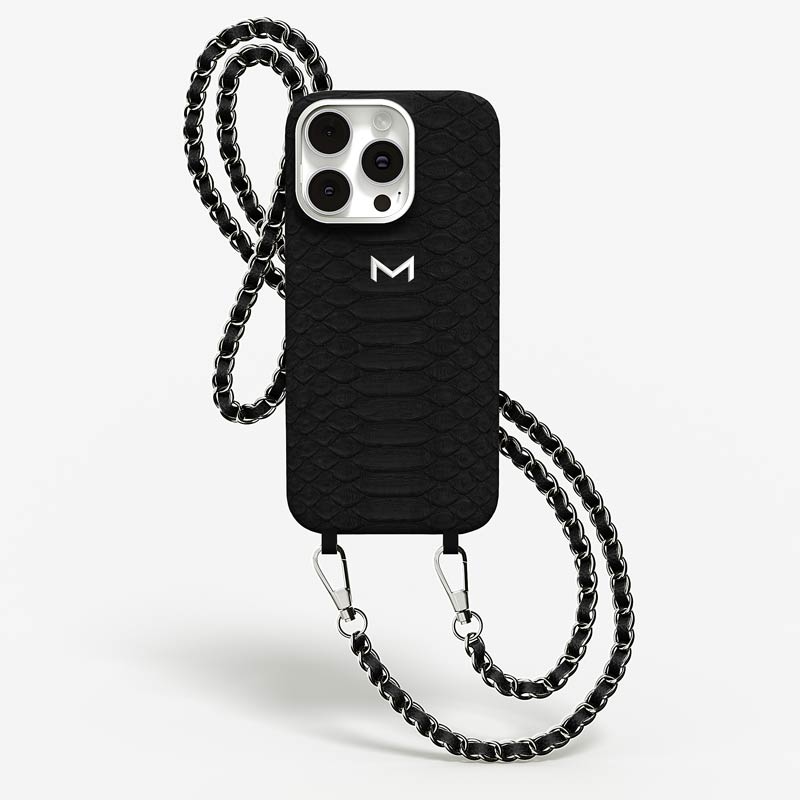 Luxury Necklace Case for iPhone 16 Pro Max in Python color Black Jewelry Silver front view