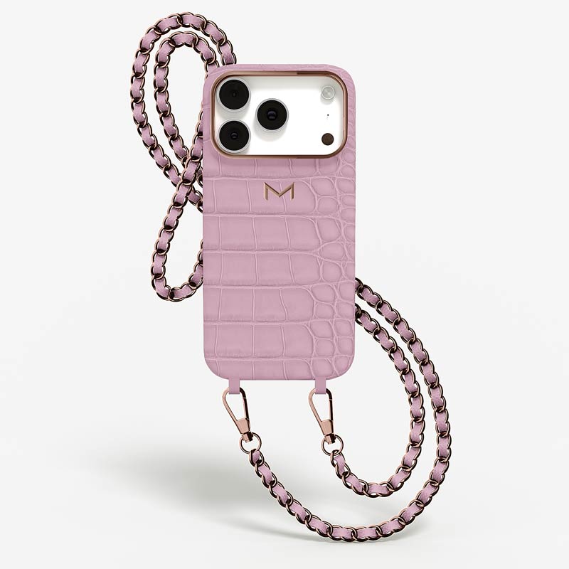 Luxury Necklace Case for iPhone 18 Pro Max in Alligator color Pastel Lavender Jewelry Rose Gold front view