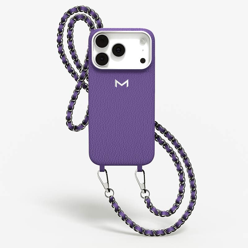 Luxury Necklace Case for iPhone 18 Pro Max in Calf color Purple Jewelry Silver front view