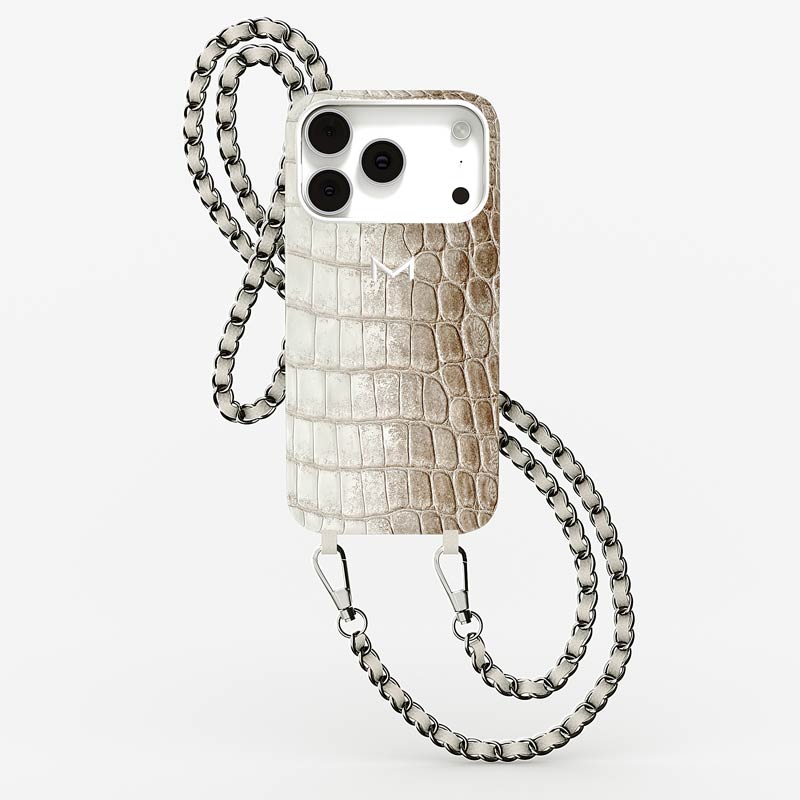Luxury Necklace Case for iPhone 18 Pro Max in Crocodile Himalaya color Beige Jewelry Silver front view