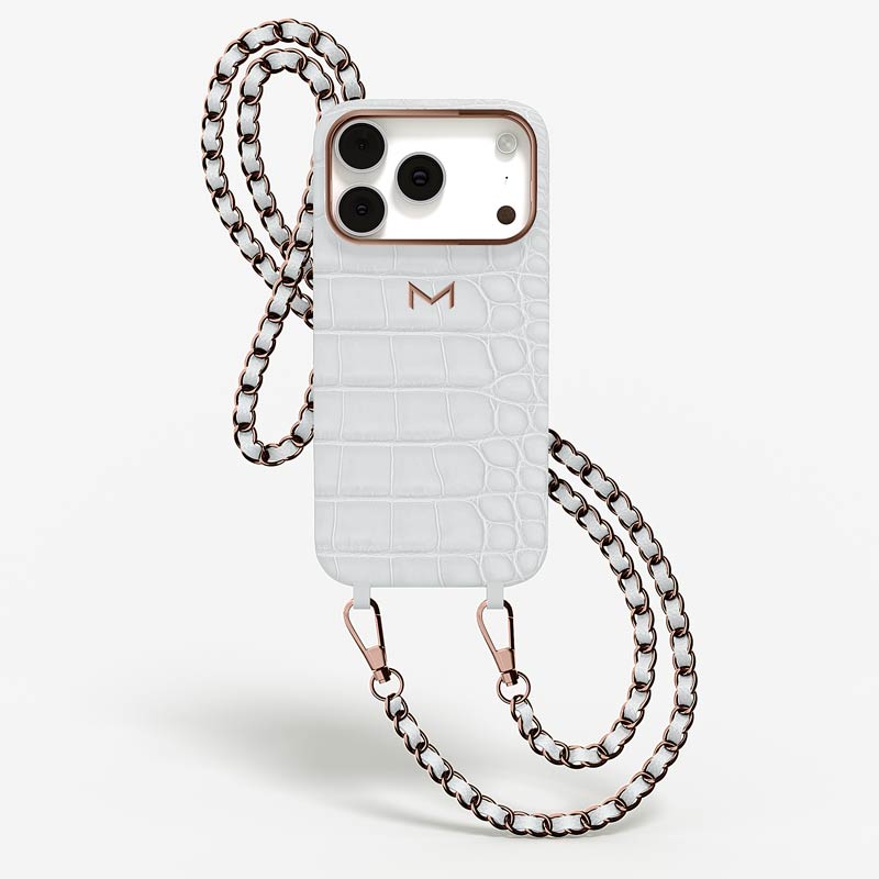 Luxury Necklace Case for iPhone 18 Pro in Alligator color Iridescent White Jewelry Rose Gold front view