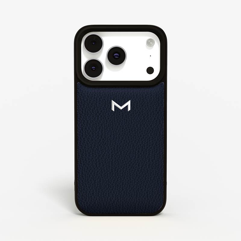 Luxury Sport Case for iPhone 18 Pro Max in Calf color Navy Blue Jewelry Silver front view