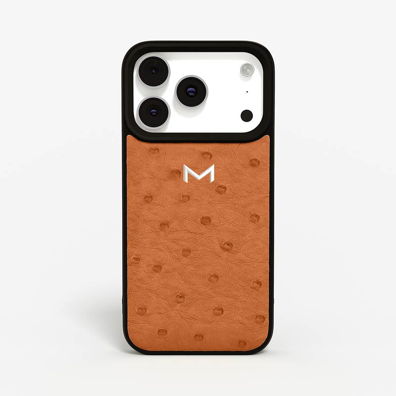 Luxury Sport Case for iPhone 18 Pro Max in Ostrich color Tan Jewelry Silver front view