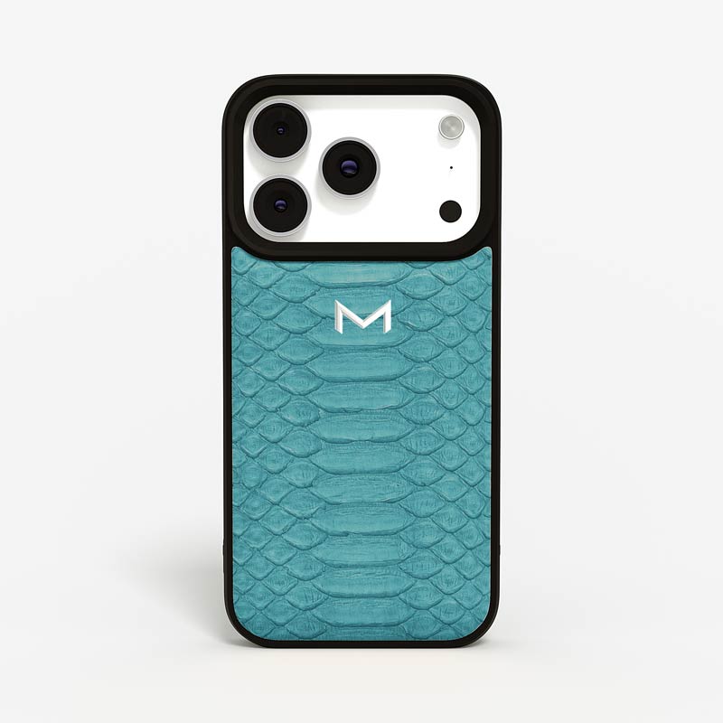 Luxury Sport Case for iPhone 18 Pro Max in Python color Turquoise Blue Jewelry Silver front view