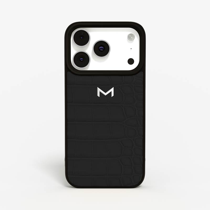 Luxury Sport Case for iPhone 18 Pro in Alligator color Matte Black Jewelry Silver front view