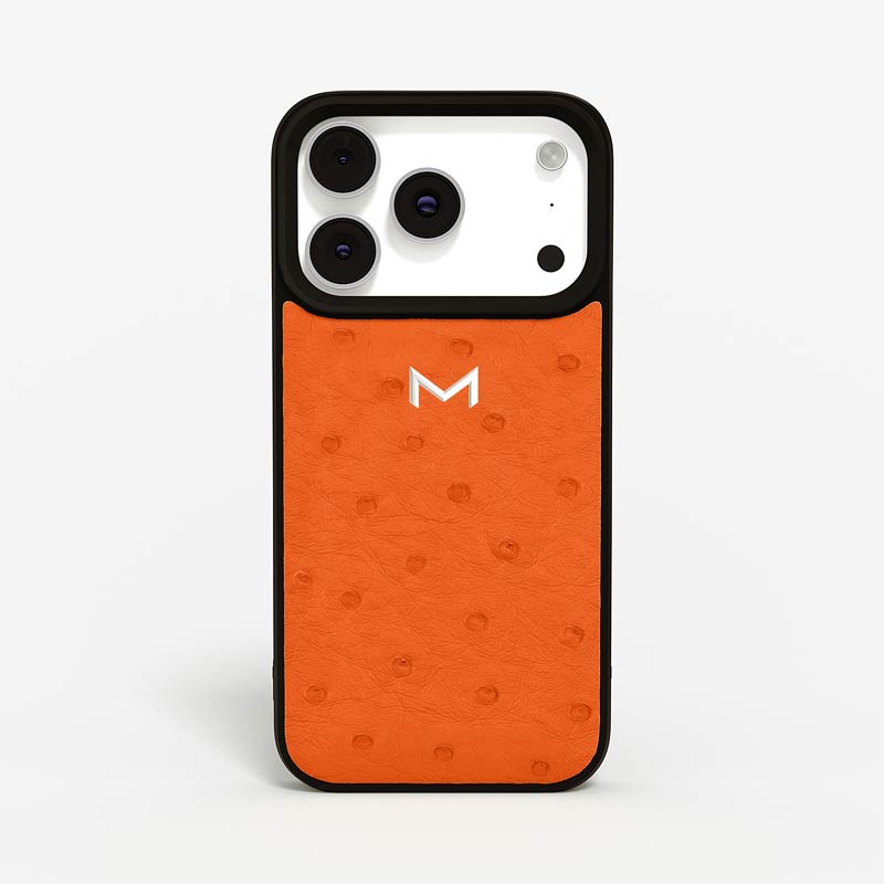 Luxury Sport Case for iPhone 18 Pro in Ostrich color Orange Jewelry Silver front view