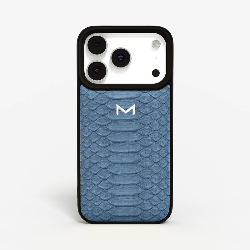 Luxury Sport Case for iPhone 18 Pro in Python color Denim Blue Jewelry Silver front view