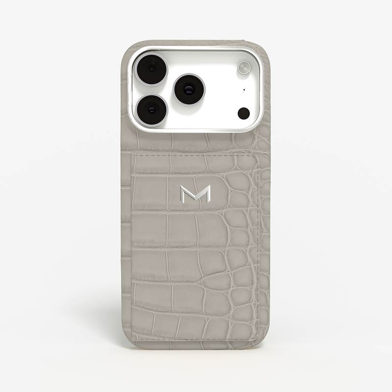 Luxury Wallet Case for iPhone 18 Pro Max in Alligator color Light Grey Jewelry Silver front view