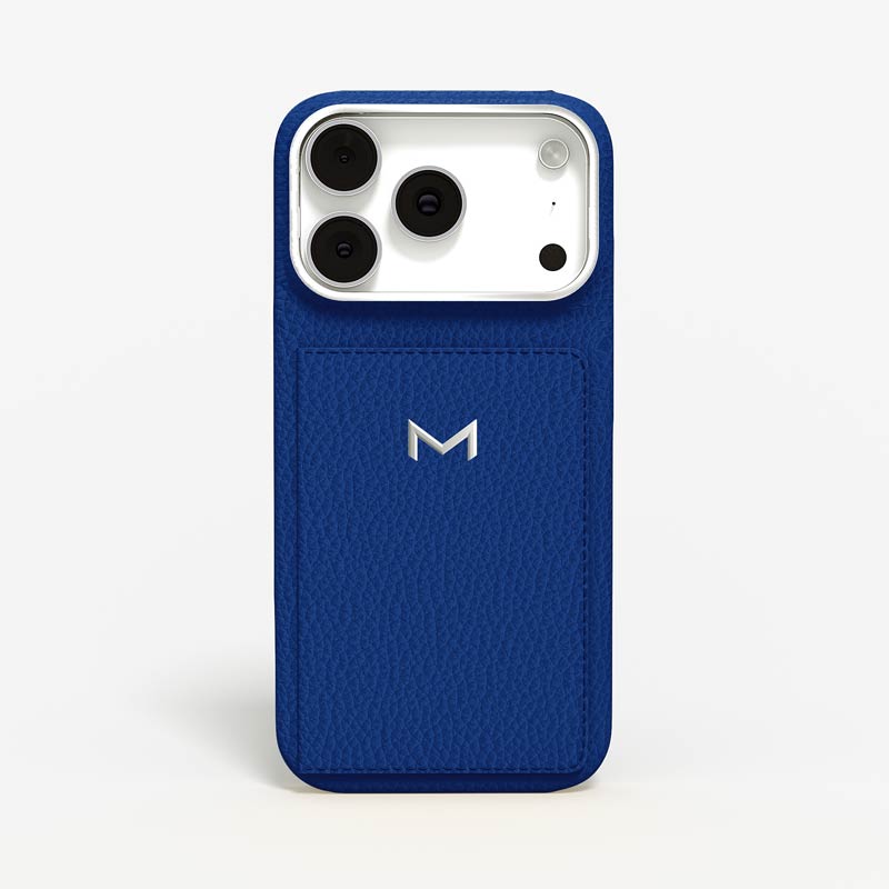 Luxury Wallet Case for iPhone 18 Pro Max in Calf color Electric Blue Jewelry Silver front view