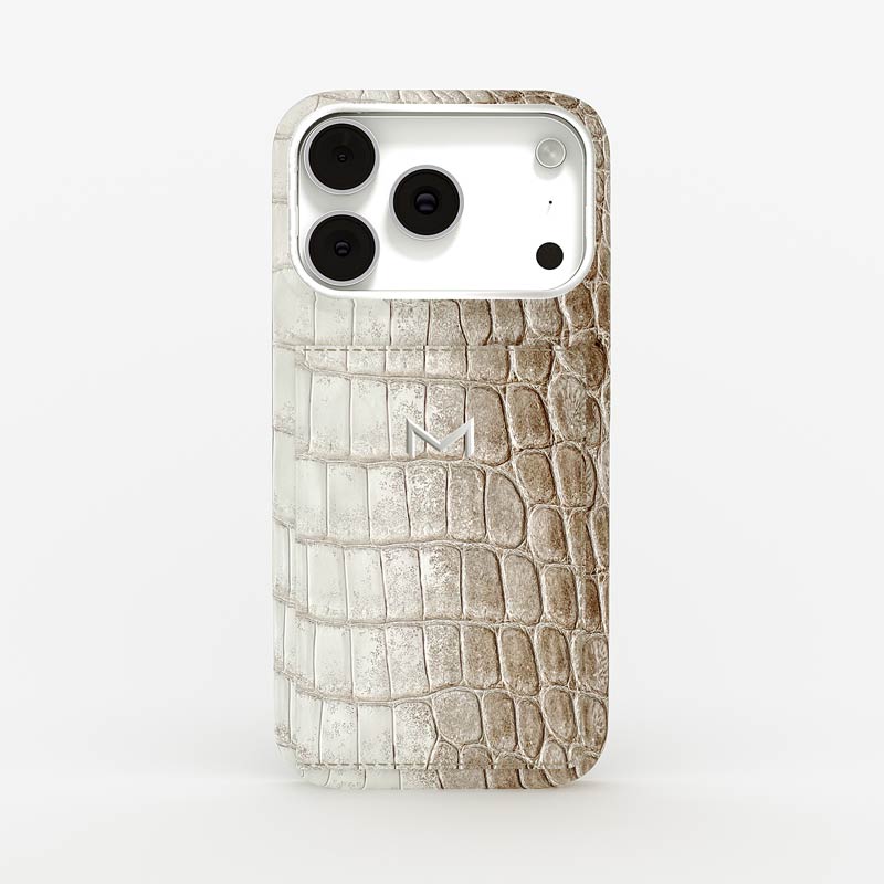 Luxury Wallet Case for iPhone 18 Pro Max in Crocodile Himalaya color Beige Jewelry Silver front view