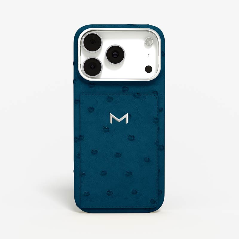 Luxury Wallet Case for iPhone 18 Pro Max in Ostrich color Electric Blue Jewelry Silver front view
