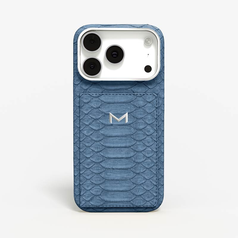 Luxury Wallet Case for iPhone 18 Pro Max in Python color Denim Blue Jewelry Silver front view