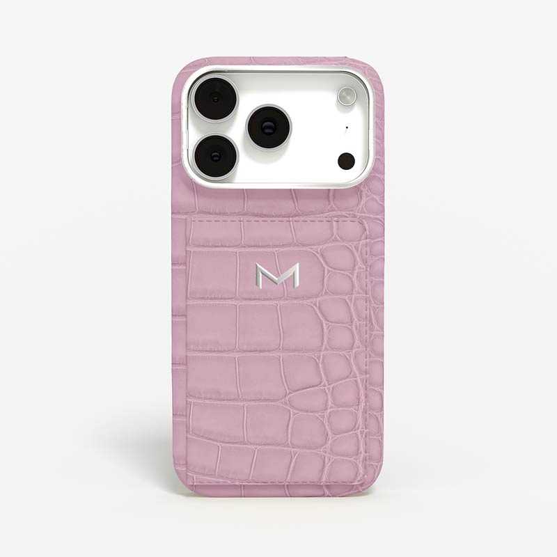 Luxury Wallet Case for iPhone 18 Pro in Alligator color Pastel Lavender Jewelry Silver front view