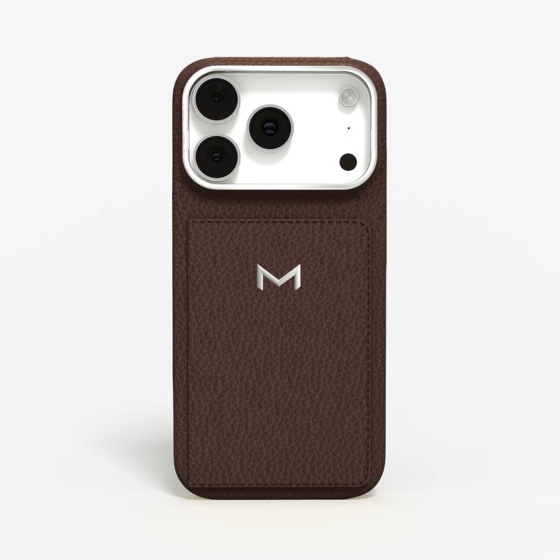 Luxury Wallet Case for iPhone 18 Pro in Calf color Brown Jewelry Silver front view