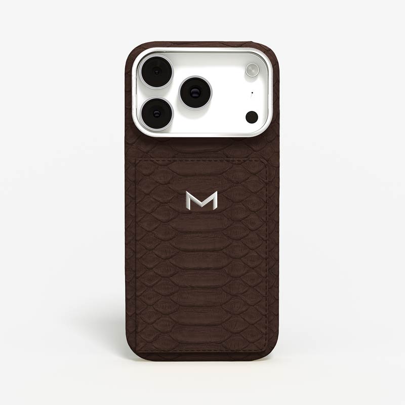 Luxury Wallet Case for iPhone 18 Pro in Python color Brown Jewelry Silver front view